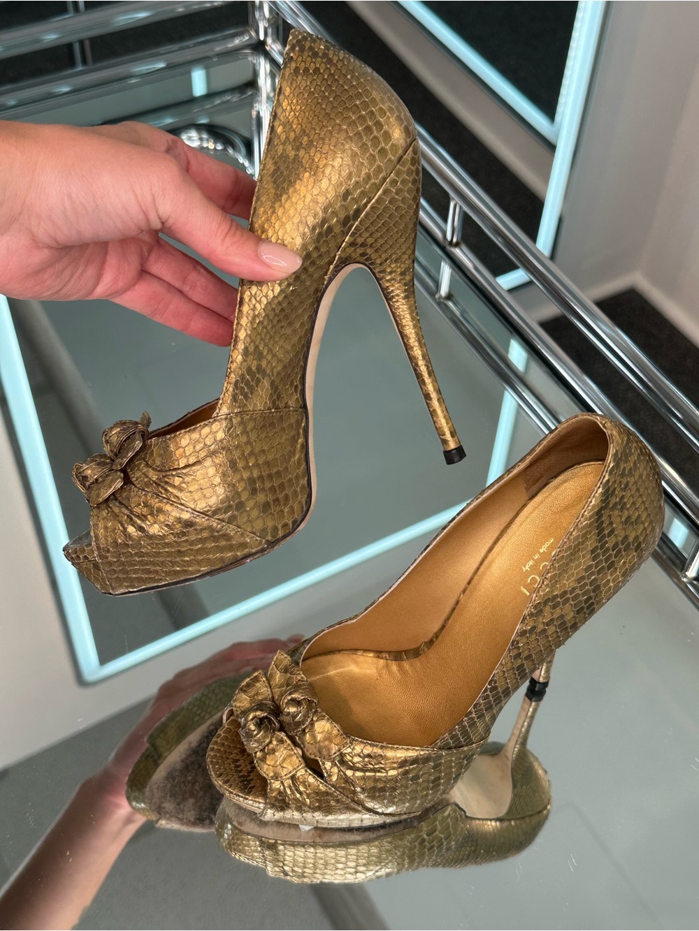 Gucci python peep-toe heel